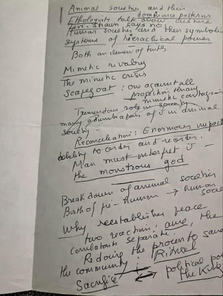 Original handwritten notes from René Girard during one of their meetings, offering a rare glimpse into the mind of the creator of mimetic theory.